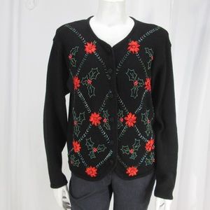 sz Medium Black w/ Red Beaded LS Cardigan